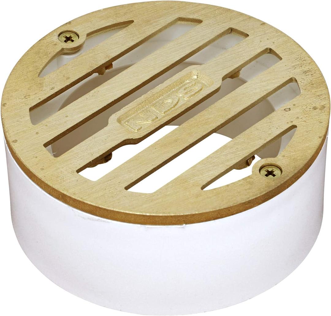 NDS 909B*, 3-Inch Round Grate with Collar, Connects to 2-Inch Drain Pipe and 3-Inch Drain Fittings, for Small Lawns, Landscaping and Patios, White Plastic and Satin Brass, Pack of 1