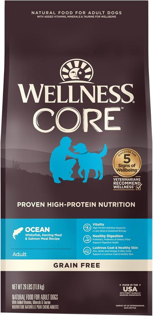 Wellness CORE Grain-Free High-Protein Dry Dog Food, Natural Ingredients, Made in USA with Real Meat, All Breeds, For Adult Dogs (Ocean Whitefish, Herring & Salmon, 26-Pound Bag)