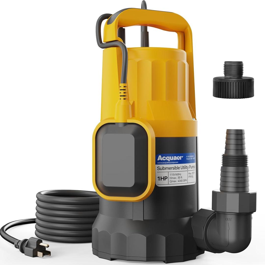 Acquaer Sump Pump Submersible Water Pump for Water Removal in Hot Tubs, Pools, Basements, and Garden Ponds, 1HP 4345GPH Float Switch