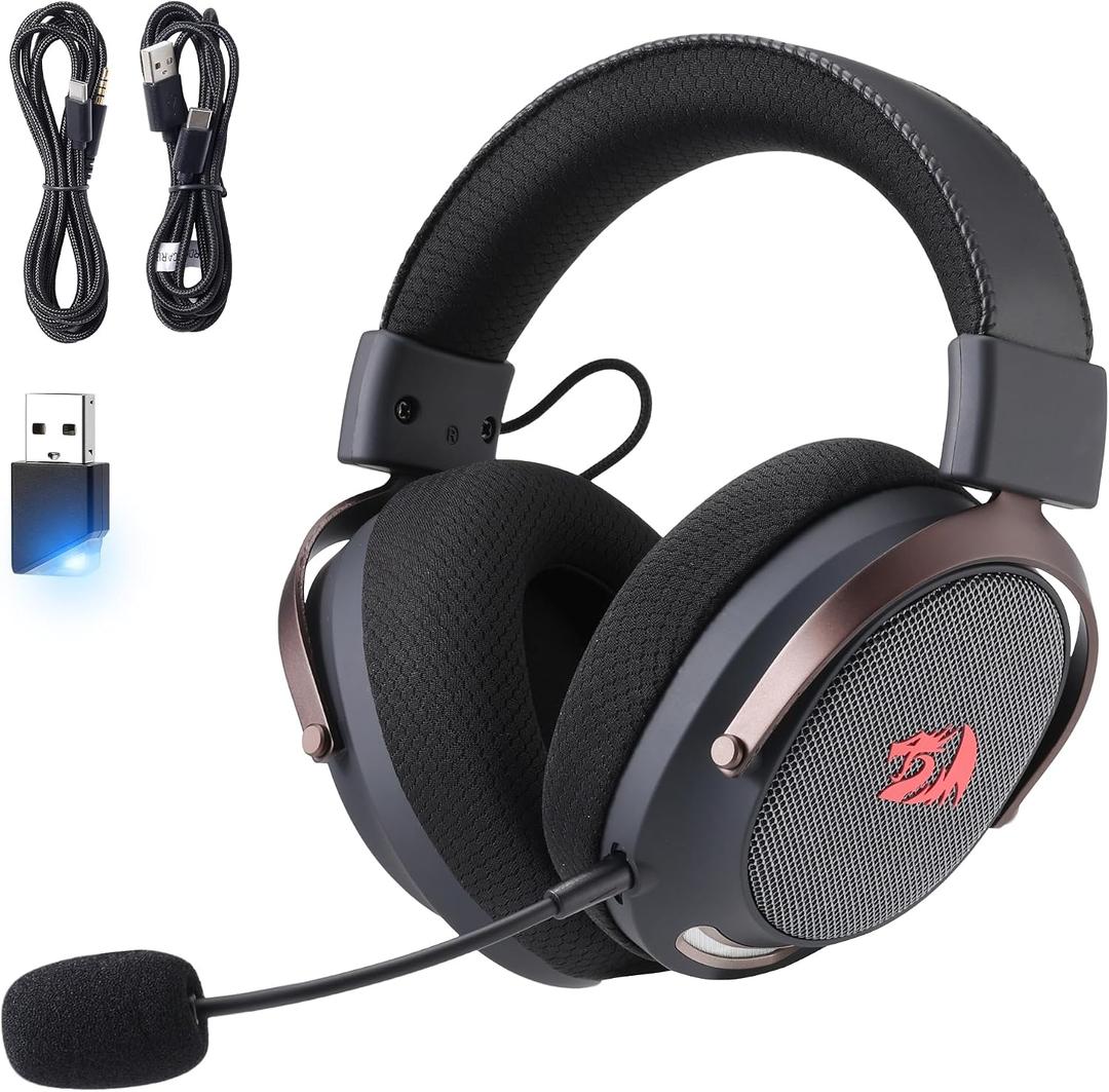 Redragon H858 3-Mode Wireless Gaming Headset, 7.1 Surround Sound, 53 mm Drivers, Memory Foam Ear Pads, Detachable Noise-canceling Microphone, Over-Ear Headphones Works for Phone, PC/PS5/NS, Black