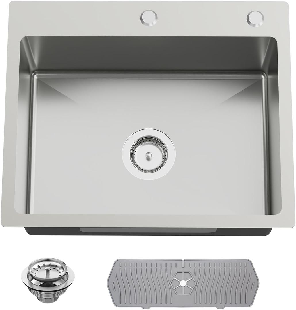 Kitchen And Bar Sink, 22x18 Inch Stainless Steel Drop In Kitchen Sink Modern Single Bowl Topmount Bar Sink Combo-Silicon Mat,Drain Strainer Set Compatibility With Various Kitchen & Bar Style, 22x18x9 Inches