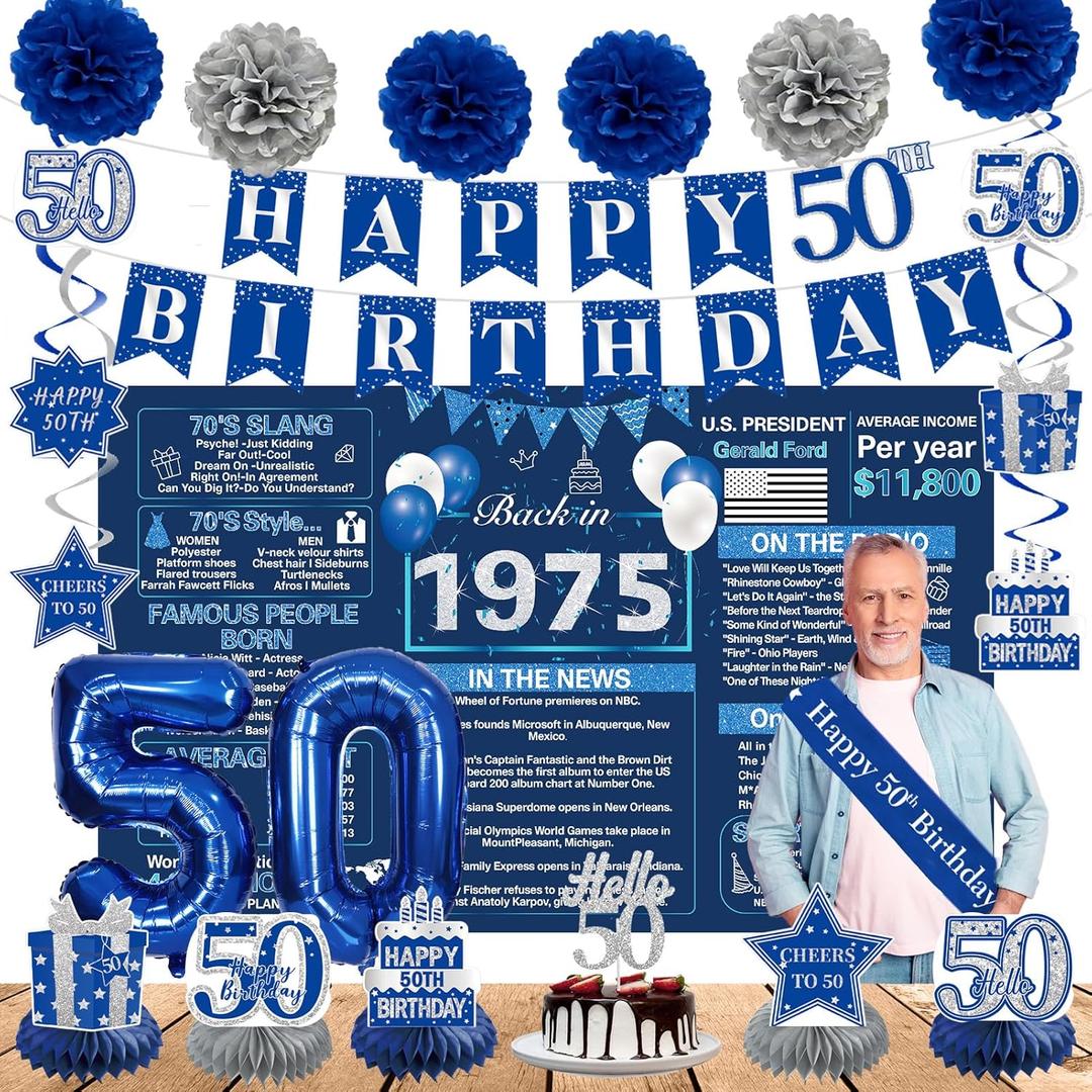 Crenics 50th Birthday Decorations for Men or Women - Back in 1975 Backdrop, Banner, Swirls, Honeycomb, Sash, Cake Topper and Balloons for 50 Birthday Party Supplies