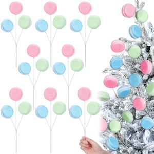 DoubleFill 10 Pcs Pastel Christmas Tree Picks Decoration 11.8'' Gitter Macaron Candy Picks for Christmas Tree Topper Branches Ornaments Vase Filler Xmas Home Decor New Year Gifts