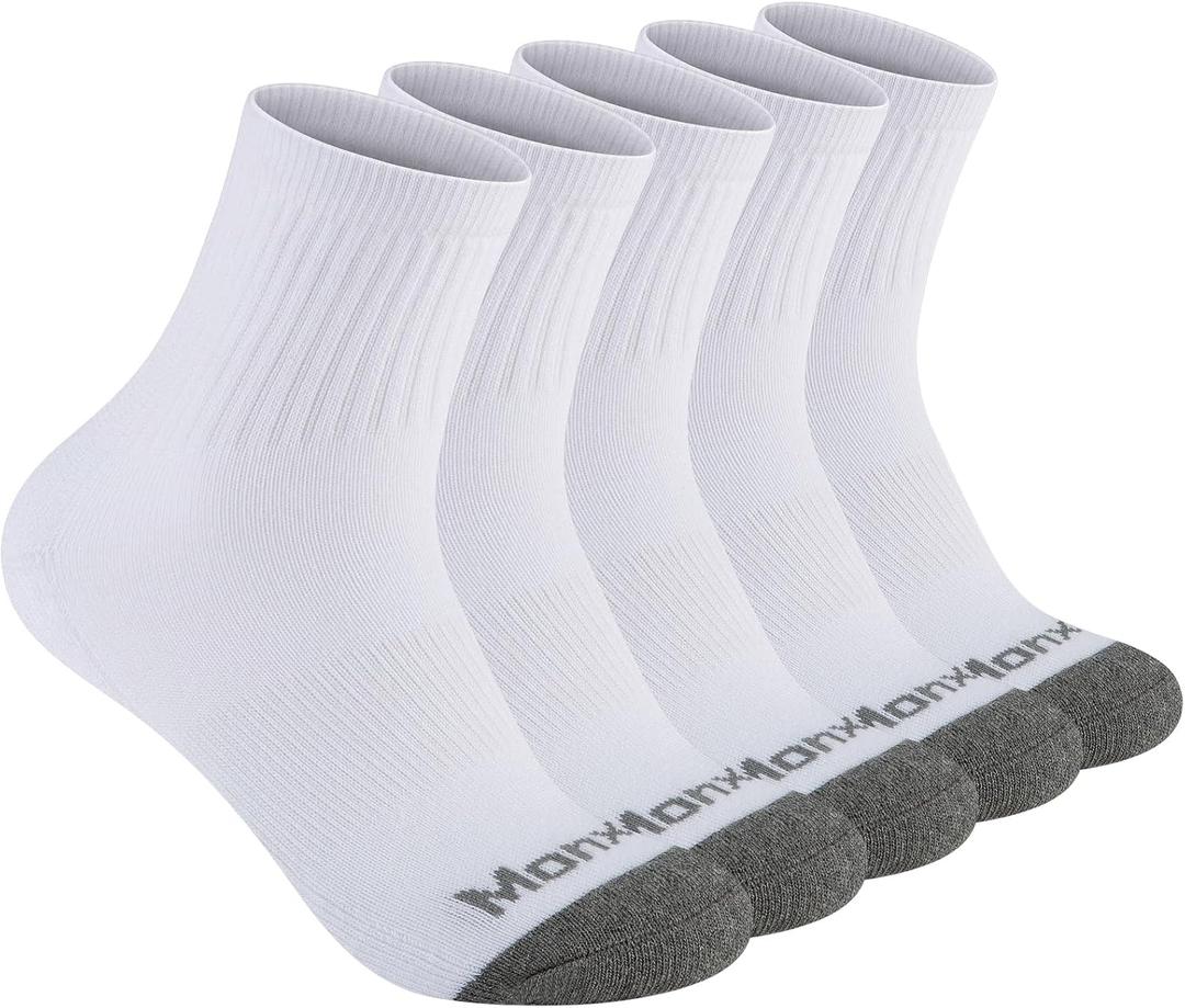 Mens 100% Cotton Cushioned Ankel Socks, Athletic Performance Running Moisture Wicking Breathable Quarter Socks (5 Pairs White)