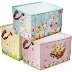 Geelin 3 Pcs Large Easter Baskets 15 x 11 x 9.5 Inch Empty Easter Storage Bin with Handles Collapsible Bunny Rabbit Eggs Waterproof Extra Big Foldable Gift Basket for Cloth Toy Gift(Cute)