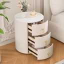 Upholstered Nightstand with 3 Drawers, Round Bedside Table with Metal Handles,Marbling Stickers Top Night Table for Bedroom, Fully Assembled Except Handles (Beige)