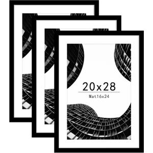 Abtgt 20x28 Picture Frame Set of 3, Display Pictures 16x24 with Mat or 20x28 Without Mat, Poster Frame for Wall Mounting Display, Black