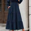 KIRUNDO Spring Dresses for Women 2026 Wedding Guest Maxi Long Sleeve Summer Smocked High Waist Flowy Party Cocktail Dress (Small, Navy)