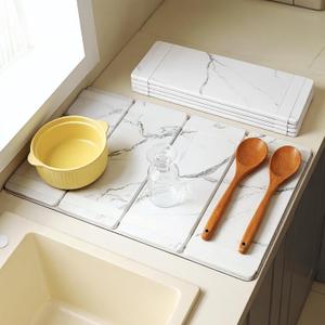 Large Stone Drying Mat for Kitchen Counter, Easier Cleanup - Smart hinge design, Quick-Dry Non-Slip Counter Protector for Dishes, Cups & Bottles, 24.5" x 16"