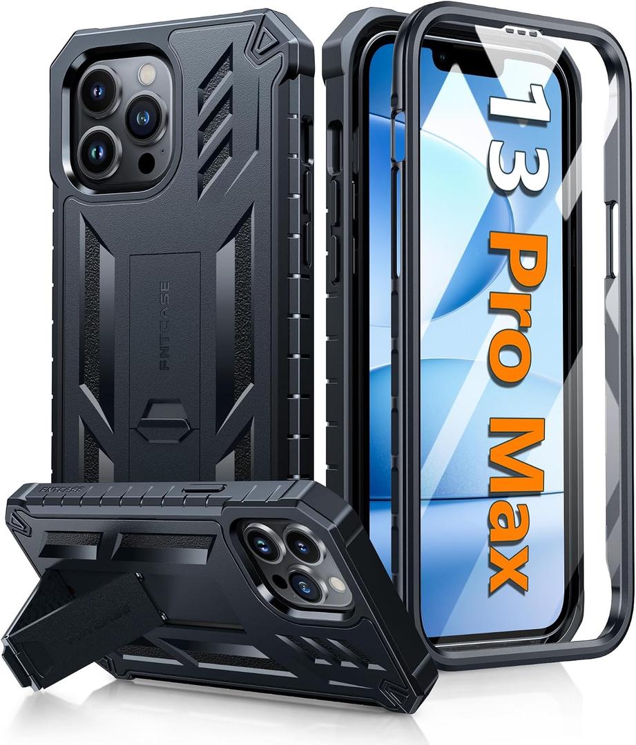 FNTCASE for iPhone 13 Pro-Max Case: with [Built-in Screen Protector & Kickstand] [Military-Grade Drop Protection] Heavy Duty Protective Full Body Shockproof TPU Phone Cover Black