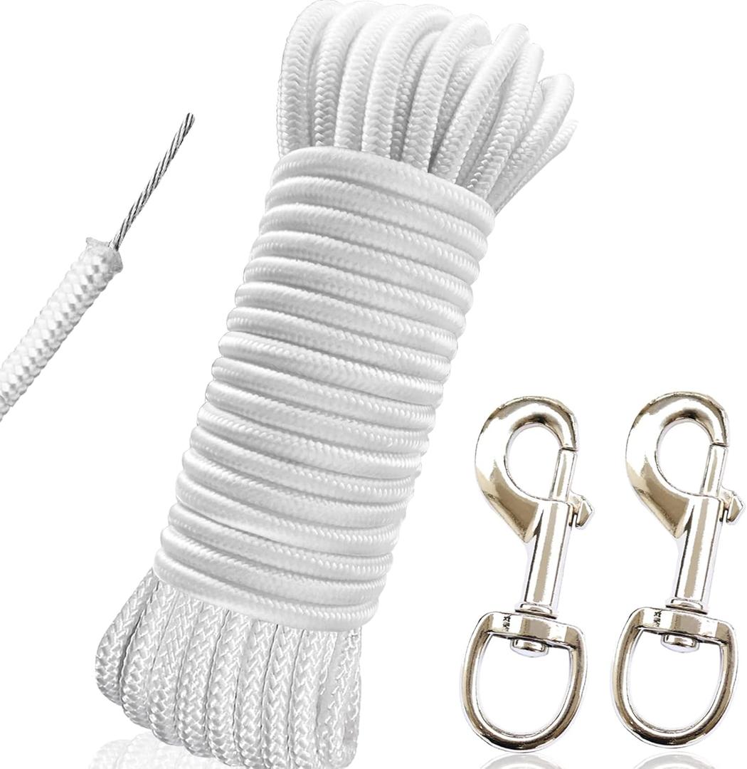 RUSON 50 Feet 5/16 Inch Wire Center Flag Pole Rope and Clips Kit, White Braided Polyester Halyard Steel Center Flag Rope with 2 Pcs 3.5" Flag Swivel Snap Hooks