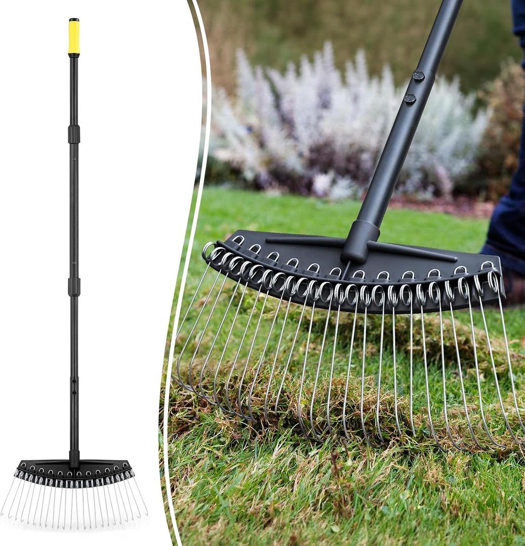 Colwelt Thatch Rake, Dethatcher Rake with Thin, Curved Spring Steel Tines, Dethatching Thatching Rake for Lawns with 61 Steel Handle, Lawn Tine Rakes for Pine Needles, Dead Grass, Garden Debris