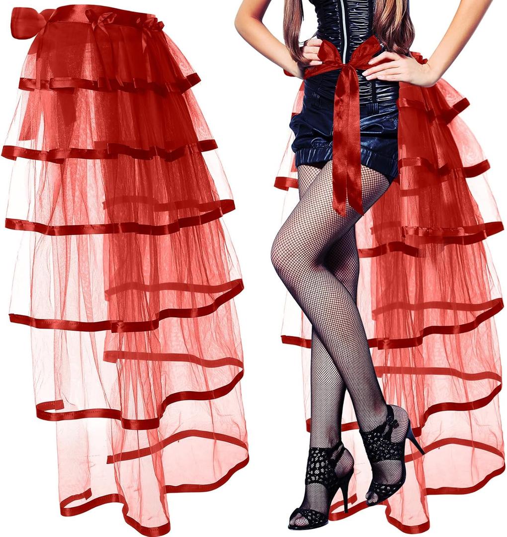 Steampunk Tie on Bustle Skirt Victorian Belt Lace Tutu Underskirt Bustle Halloween Costume Accessory for Women (about 105 cm, Red)
