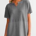 SHEWIN Womens Casual V Neck Waffle Knit Tops Short Sleeve T Shirts Loose Blouses (Gray, S)