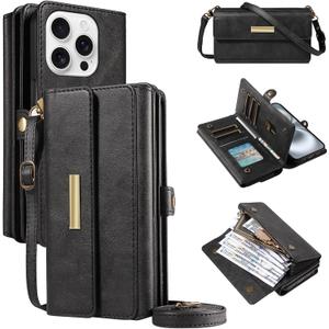 Caseurban Wallet Case Compatible with iPhone 16 Pro Max PU Leather Shoulder Strap Detachable Case RFID Blocking Card Holder Slots Kickstand Shockproof Protective Phone Cover for Women Men Black
