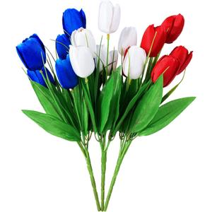 18 Pcs Patriotic Artificial Flower - RED, White, and Blue Artificial Tulips Fourth of July Memorial Day Cemetery Flowers for Grave