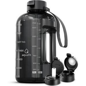 AQUAFIT Half Gallon Water Bottle with Time Marker - Straw & Chug Lid - BPA Free Gym Water Bottle with Straw - Big Gallon Jug (Gray, 64 oz - 2 Lids)