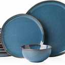 Stoneware Dinnerware Sets for 6, Reactive Glaze Plates and Bowls, Blue | 18-Piece Handcrafted Rustic Porcelain Dishes Set, Highly Scratch Resistant, Dishwasher & Microwave Safe