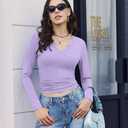Ekouaer Long Sleeve Shirts for Women V Neck Basic Ribbed T Shirt Thermal Undershirts Slim Fit Casual Tee Tops (Purple)