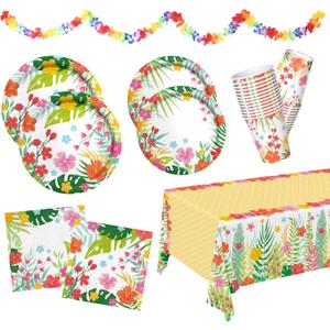 Tropical Luau Party Supplies Kit for 25 - Aloha Hawaiian Party Decorations with Disposable Paper Plates, Napkins, Cups, Tablecloth, and Banner | BBQs & Summer party