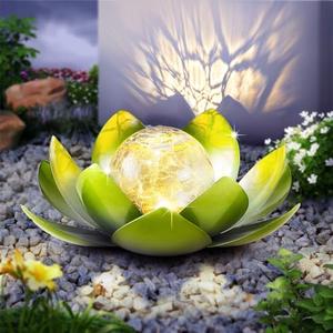 Huaxu Solar Lights Outdoor Garden Decoration Crackle Globe Glass Waterproof LED Metal Green Lotus Flowers Gift for Mom,Women,Patio,Lawn,Walkway,Tabletop,Ground