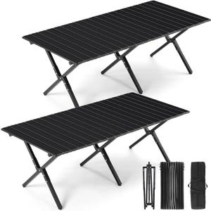 Suzile 2 Pack Foldable Low Picnic Table 4 ft Portable Lightweight Camping Table Fold Up Collapsible Roll up Metal Camp with Carry Bag for Party Patio Garden Outside Outdoor Beach(Black)
