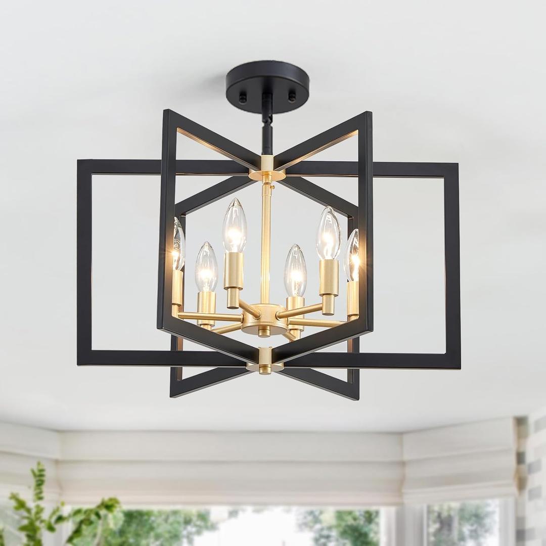 Black and Gold Chandelier 6-Light, Dining Room Light Fixture Geometric Metal Modern Chandelier Lighting for Kitchen Island Living Room Entryway, 20 Inch Pendant Lighting Hanging Ceiling Lamp