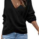 Verdusa Women's Fall Sweaters Wrap Long Sleeve Knit Cozy Sweater V Neck Airport Outfits (Large, Black)