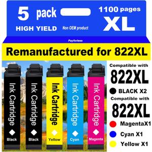 PayForLess for 822XL Remanufactured for Epson 822XL Ink Cartridges for 822 XL T822 Workforce Pro WF-3820 WF-3823 WF-4820 WF-4830 WF-4833 WF-4834 Printer 2 Black 1 Cyan 1 Magenta 1 Yellow 5 Pack