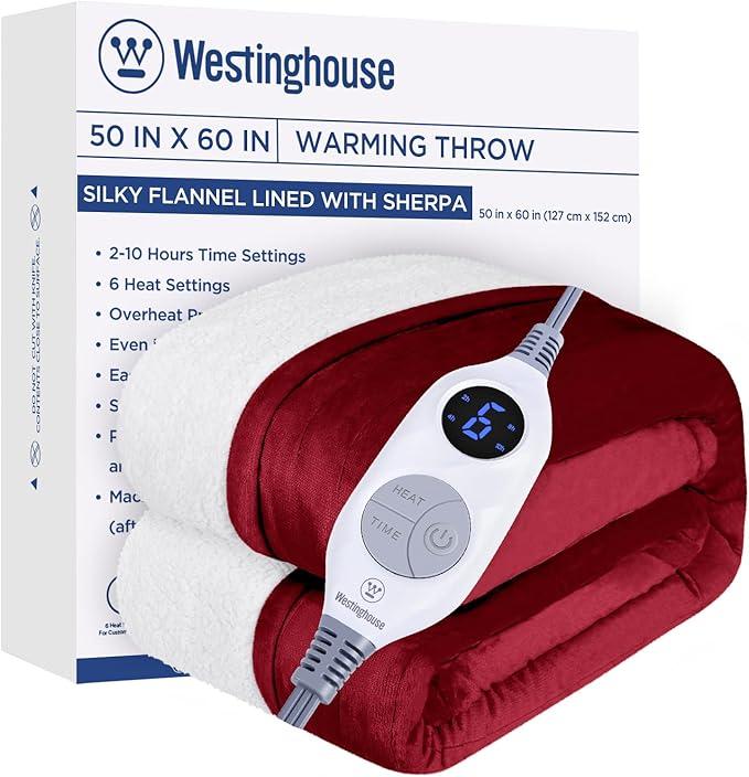 Westinghouse Electric Blanket Heated Throw, Super Cozy Soft Flannel 50"" x 60"" Heated Throw with 6 Fast Heating Levels & 210 AutoOff, Machine Washable, ETL&FCC Certification, Home Office Use, Red