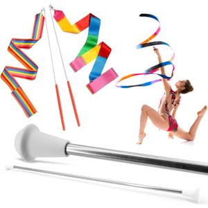 SIRCLES 26 inch Twirling Marching Baton in Stainless Steel with Rubberized Ends Mini Shaft 3/8 with 2 Dancing Ribbons (26 Inch) 2 Pack