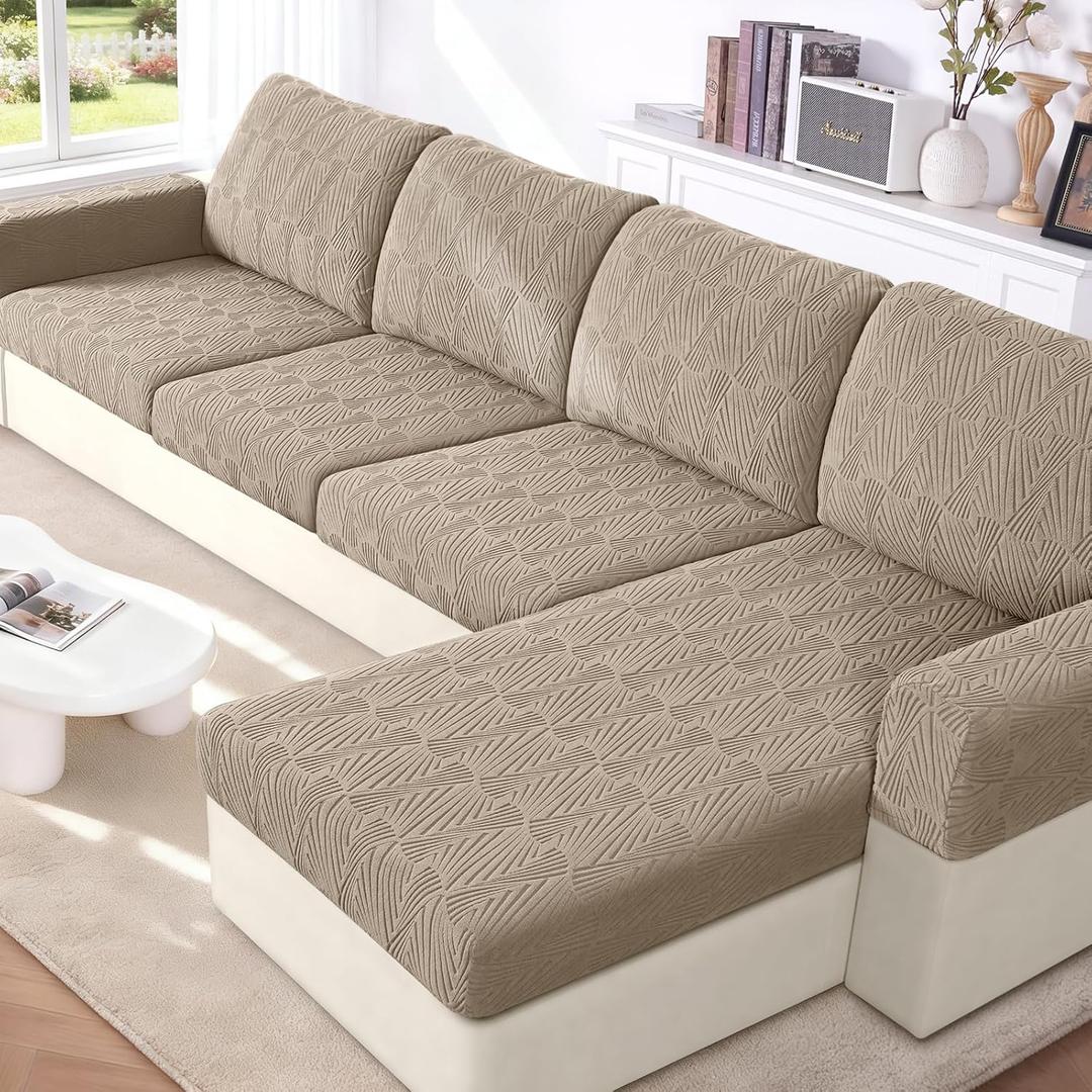 VANSOFY Couch Cushion Covers for Sectional Sofa, Stretch Jacquard Couch Seat Cushion Covers, Individual Washable Furniture Protector Sofa Slipcovers for Pet (3Pc Seater or Back Cover, Khaki) 8.2"D x 7.8"W x 1.9"H