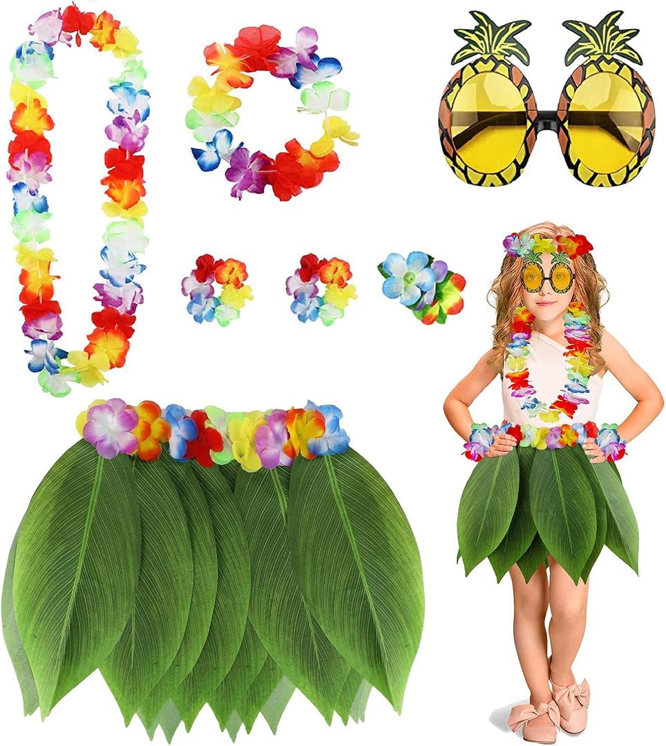 PHOGARY 7 Pack Hawaiian Flower Leaf Hula Skirt Costume Accessory Kit for Hawaii Luau Party (Colorful)