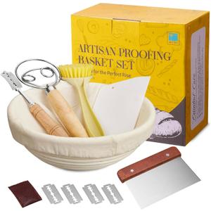 Dimpola Banneton Bread Proofing Basket Banneton Basket Set Sourdough Proofing Basket Round Proofing Bowls Handmade Rattan Baskets and Liners (Round of 1 Gift Set)