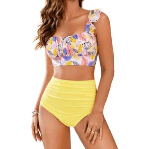 EHSUYAB Women 2 Piece High Waisted Bikini Set, Floral Ruffle Tummy Control Swimsuit, Ruched Modest Full Coverage Bathing Suit