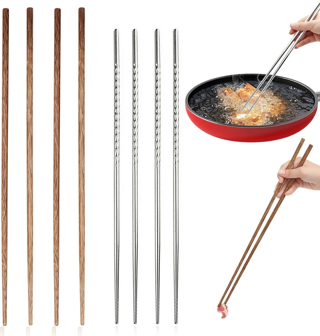4 Pcs Long Cooking Chopsticks Reusable 15.3 Inch Non-slip Threaded Stainless Steel Chopsticks and 16.5 Inch Natural Wooden Extra Long Chopstick for Hot Pot, Frying, Noodle, Cooking Favor