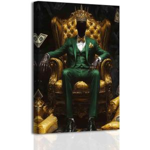 BJYCHG Black Man Wall Art Black King Wall Decor African King Pictures Afro Crown Canvas Prints Green Gold Paintings for Man Bedroom Living Room Office Frame (20L x 16W)