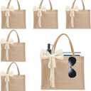 6pcs Burlap Tote Bag Set with Handles, Waterproof Reusable Blank Grocery Bags with Ribbon Large Jute Tote 15.35 * 6 * 12 Inch for Women Bridesmaid Gift Beach Pool Shopping Wedding Travel DIY