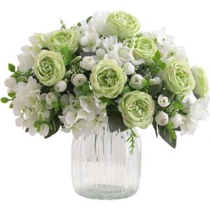 4 Bunches Green Peony Artificial Flowers for Decoration Faux Rose Fake Bouquet Silk Arrangements Table Centerpiece for Vase Cake Topper Bridal Baby Shower
