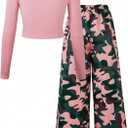 Girl's 2 Piece Outfits Long Sleeve Crewneck T Shirt and Wide Leg Camo Pants Set Casual Streetwear (11Y)