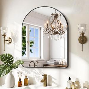 GLASHOM Arched Bathroom Vanity Mirror, 24"x30" Black Frame Wall Mirror