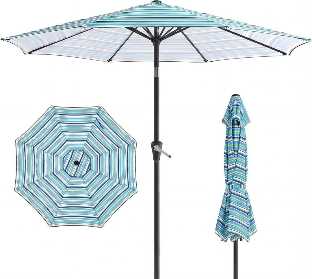 10FT Patio Umbrella, Outdoor Umbrella with Push Button Tilt and Crank, 8 Sturdy Ribs, UV Protection & Waterproof Market Umbrella for Pool, Backyard, Beach,Deck (Blue Green Stripes)