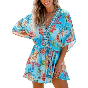 CUPSHE Women's Mini Dress V Neck Floral Half Dolman Sleeve Belted Loose Fit Short Summer Beach Dress (Light Blue, Small)