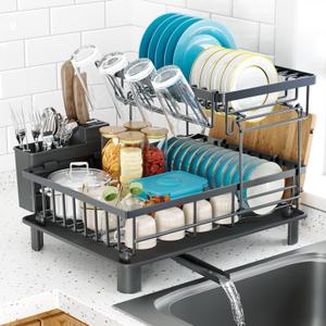 Dish Drying Rack, 2 Tier Dish Racks for Kitchen Counter, Compact Drying Rack Kitchen, Rust-Resistant Dish Drainer, Detachable Space-Saving Dish Rack with Drainboard, Utensil Holder, Black
