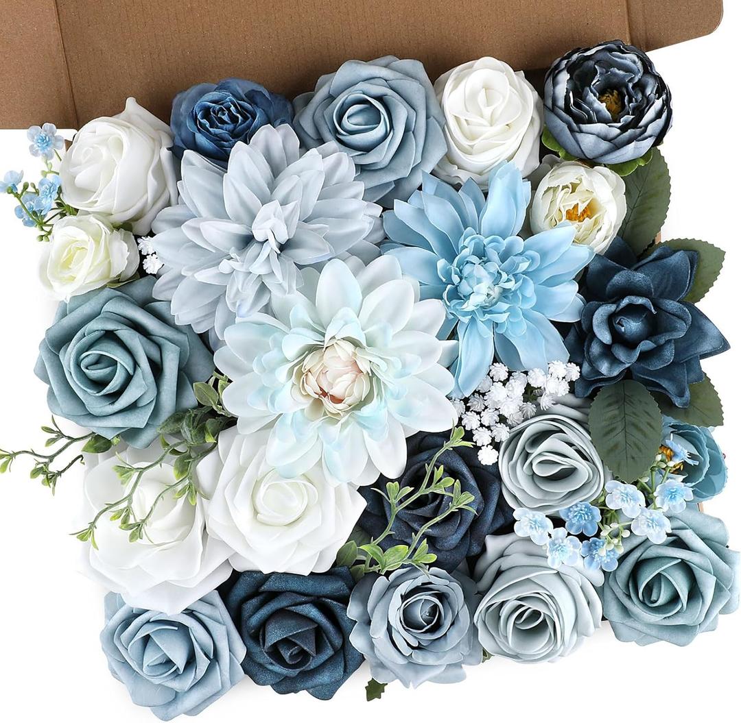 AGIRL Artificial Flowers Combo Silk Mix Blue Fake Flower with Stems for DIY Wedding Bouquets Centerpieces Arrangements Table Chair Decor Baby Shower Home Decor (Light Blue)