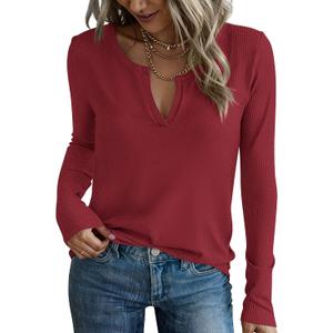 PRETTYGARDEN Long Sleeve Shirts for Women Waffle Knit Tops | V Neck Basic Tee, Loose Fit, Trendy Tunic Top, Dressy Casual Blouses, Early Fall Fahion, Winter Clothes, Work & Everyday Wear (Red, S)
