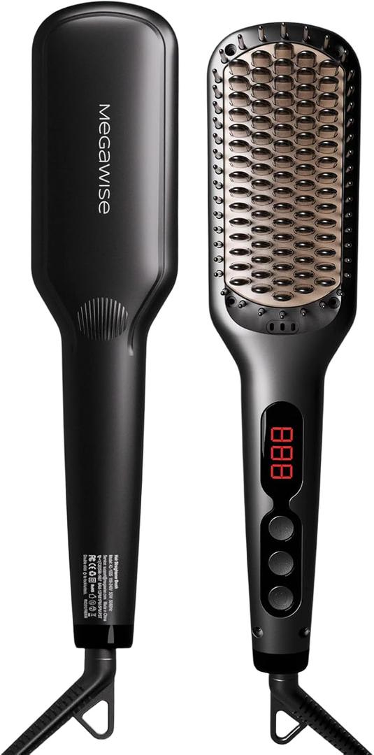 MEGAWISE Pro Ceramic Ionic Hair Straightener Brush for Home Salon | MCH Fast 20s Heating Tech with Auto-Off Safety | Anti-Scald with Universal Dual Voltage | Rotatable Power Cord (Black)
