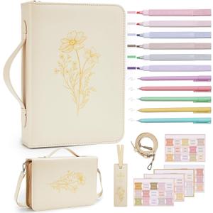 19PCS Floral Beige Leather Bible Cover for Women Bible Cover Cases for Teen Girls Christmas Gift Christian Church Carrying Bag Journaling Kit with Shoulder Strap Highlighter Pens & Book Marker