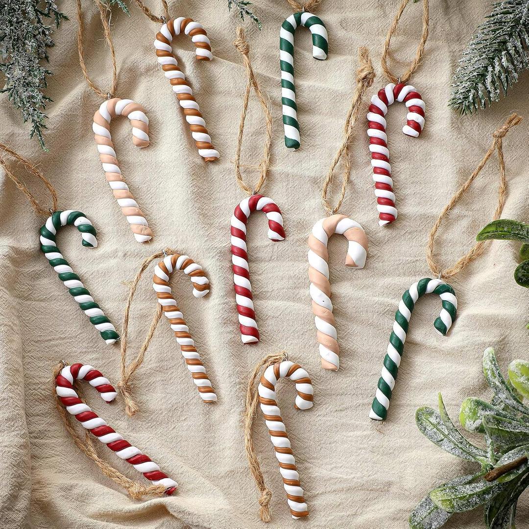 Leinuosen 24 Pcs Retro Christmas Candy Cane Ornament Neutral Hanging Candy Cane Christmas Tree Decor Twisted Crutch Xmas Hanging Decoration for Xmas Thanksgiving Gift Indoor Outdoor Home Party Favor