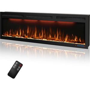 60 inches Electric Fireplace, Recessed and Wall Mounted Fireplace Heater and Linear Fireplace Inserts, with Timer, Remote Control, Adjustable Flame & Light Colors, 750W/1500W, Black